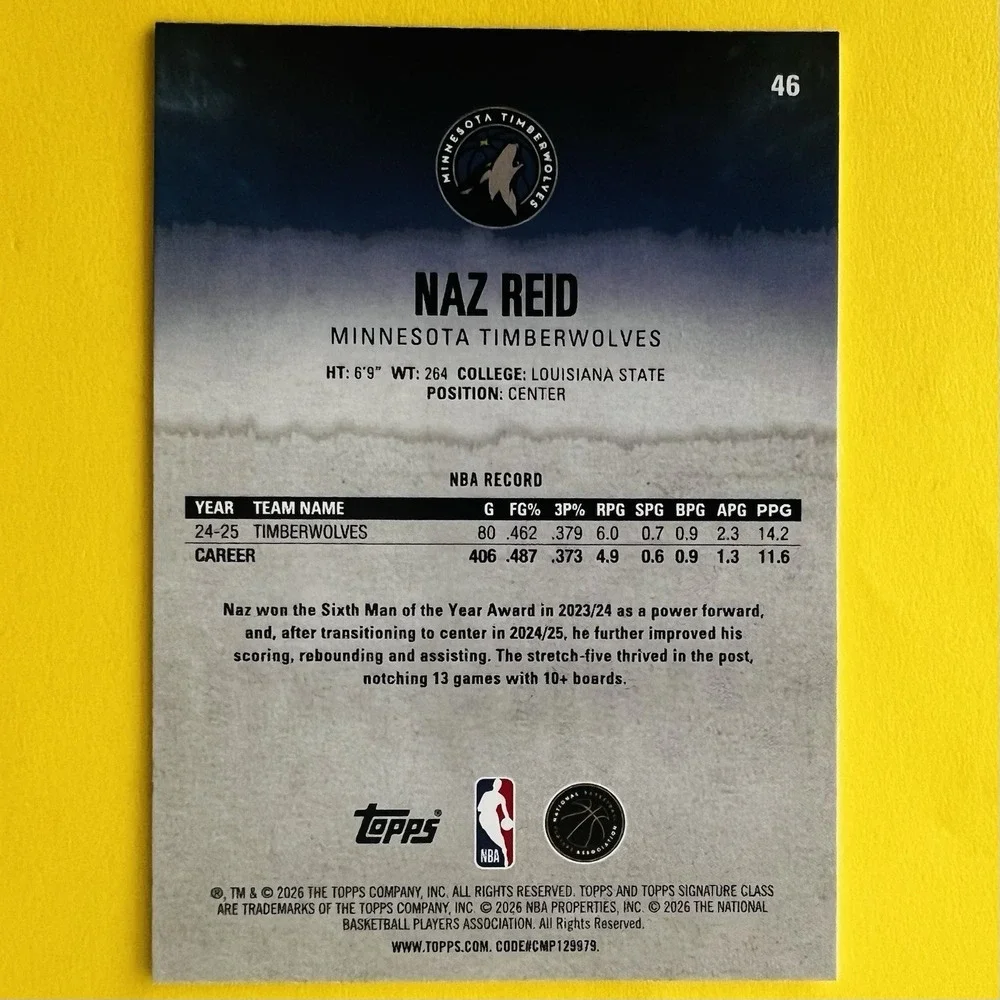 2025-26 Topps Signature Class Round 2 Pick 46 Naz Reid #46 Timberwolves